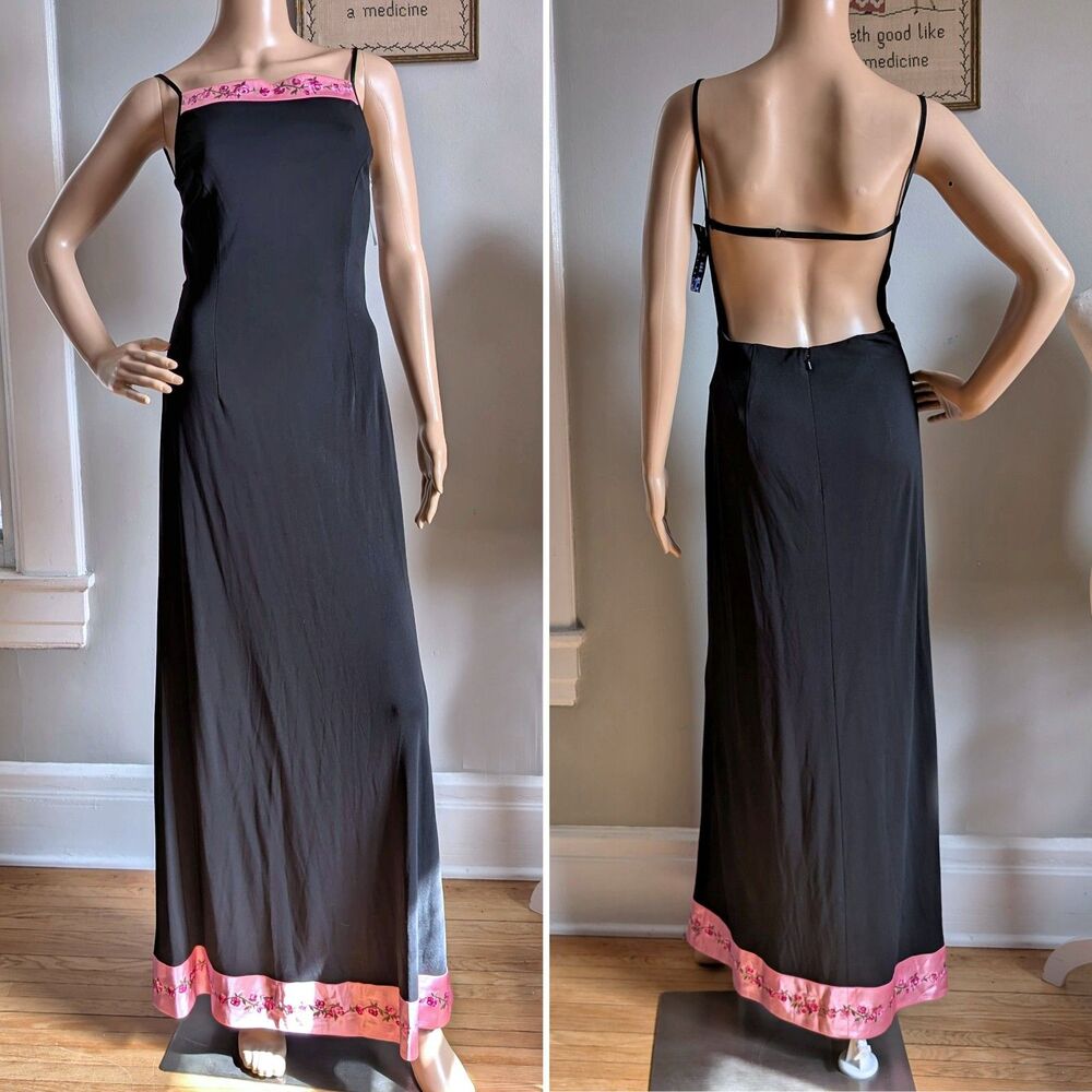 NWT Vintage 90s Papell Boutique Prom Gown Whimsygoth Satin Floral Embroidery 6 - Picture 2 of 14